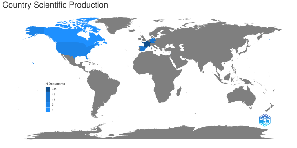 Scientific production by country (last 5 years, refreshed every 6 months). The map was generated through "Biblioshiny", different shades of blue indicate different productivity rate (dark blue = high productivity, grey = no articles)