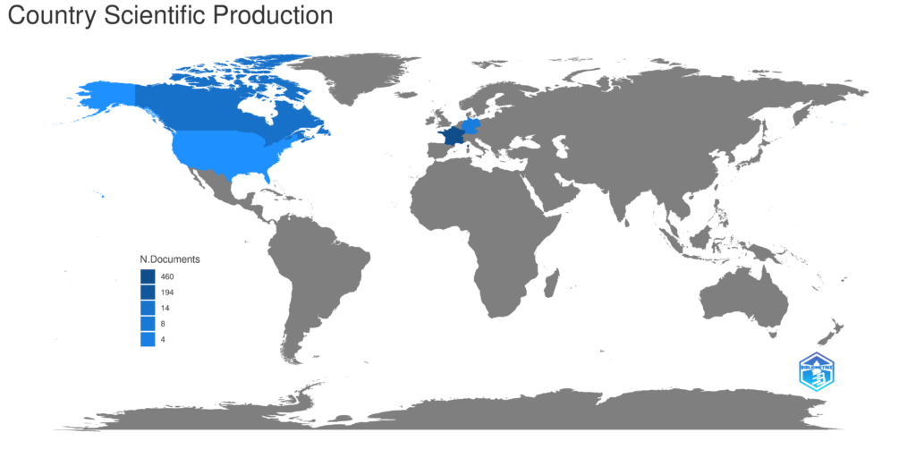 Scientific production by country (last 5 years, refreshed every 6 months). The map was generated through "Biblioshiny", different shades of blue indicate different productivity rate (dark blue = high productivity, grey = no articles)